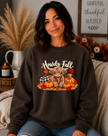 Howdy Fall Highland Cow Sweatshirt – Cute Fall Pumpkin Graphic Crewneck, Cozy Autumn Highland Cow Shirt, Buffalo Plaid Fall Design