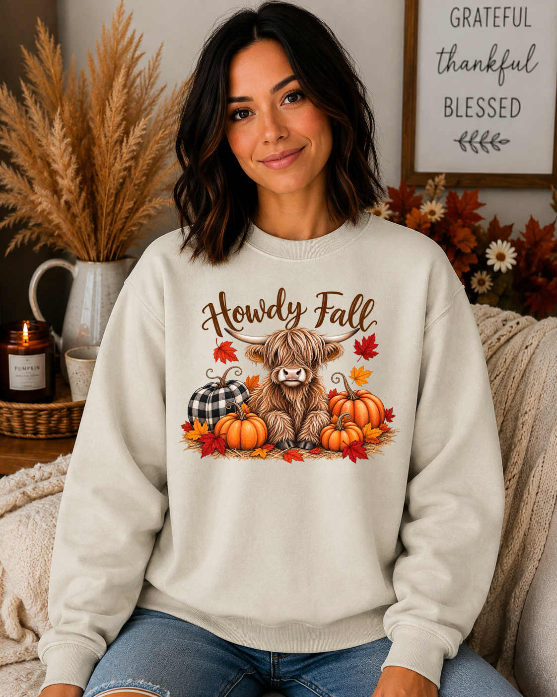 Howdy Fall Highland Cow Sweatshirt – Cute Fall Pumpkin Graphic Crewneck, Cozy Autumn Highland Cow Shirt, Buffalo Plaid Fall Design