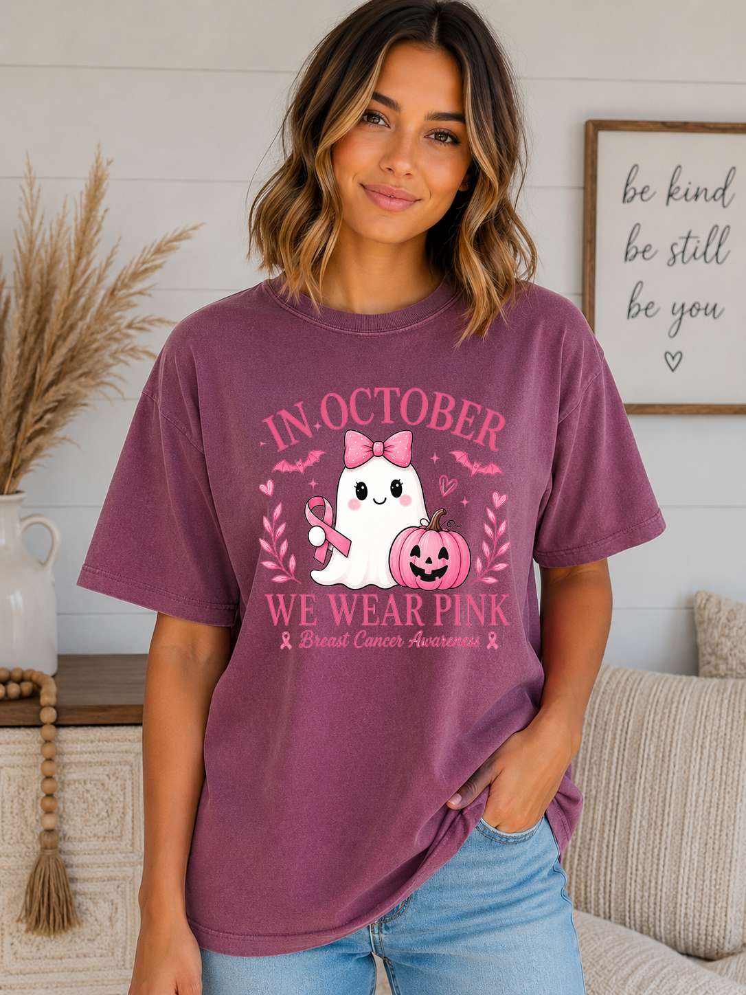 In October We Wear Pink Comfort Colors T-Shirt | Breast Cancer Awareness Ghost Tee | Cute Halloween Pink Ribbon Shirt