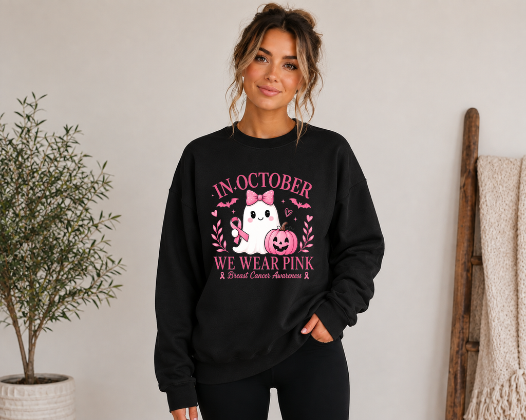 In October We Wear Pink Gildan Sweatshirt | Breast Cancer Awareness Halloween Ghost Crewneck | Cute Pink October Sweatshirt
