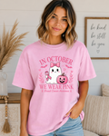 In October We Wear Pink Comfort Colors T-Shirt | Breast Cancer Awareness Ghost Tee | Cute Halloween Pink Ribbon Shirt