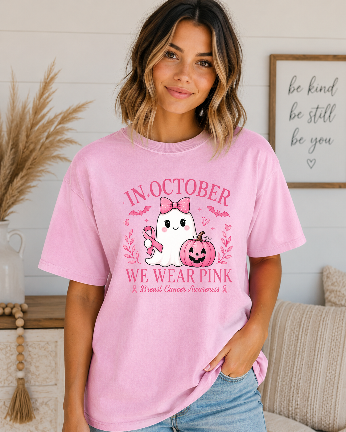 In October We Wear Pink Comfort Colors T-Shirt | Breast Cancer Awareness Ghost Tee | Cute Halloween Pink Ribbon Shirt