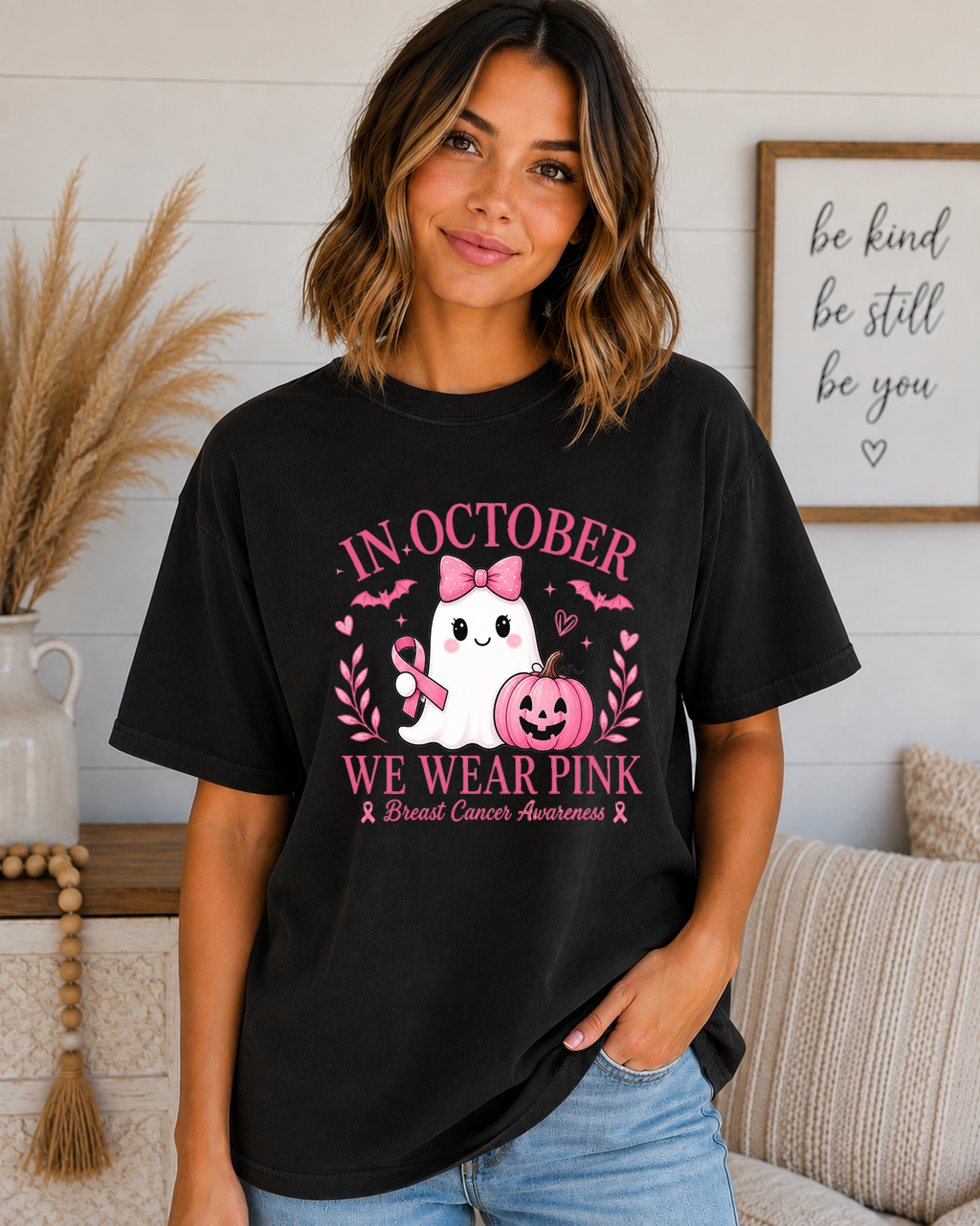In October We Wear Pink Comfort Colors T-Shirt | Breast Cancer Awareness Ghost Tee | Cute Halloween Pink Ribbon Shirt
