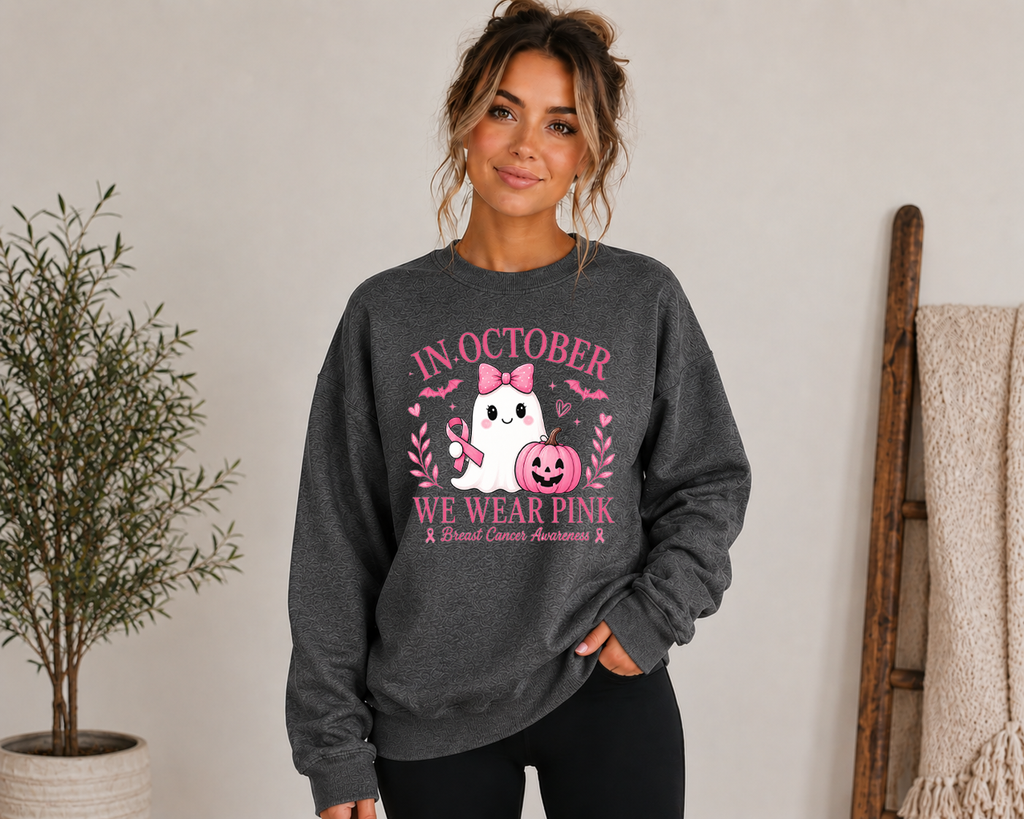 In October We Wear Pink Gildan Sweatshirt | Breast Cancer Awareness Halloween Ghost Crewneck | Cute Pink October Sweatshirt