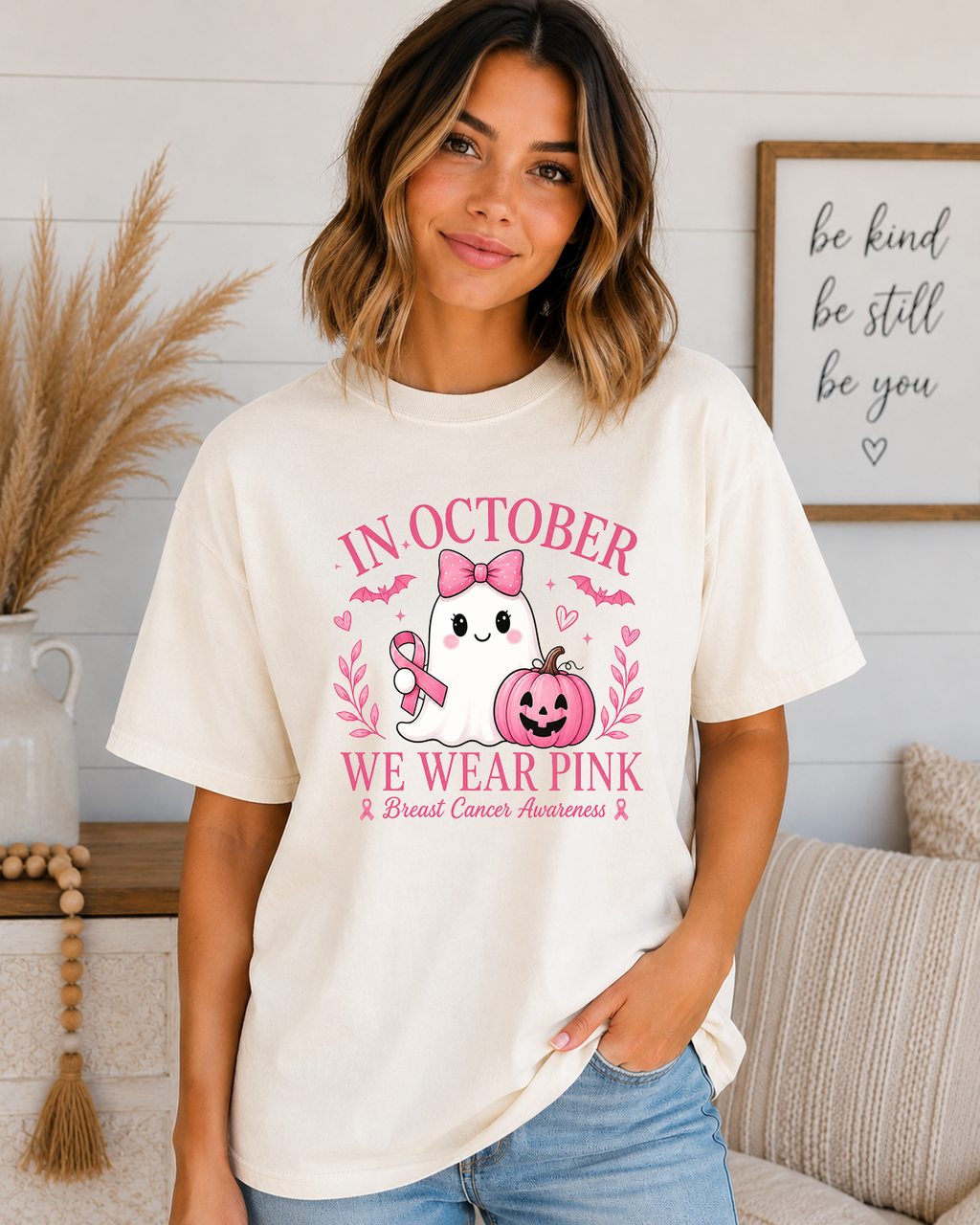 In October We Wear Pink Comfort Colors T-Shirt | Breast Cancer Awareness Ghost Tee | Cute Halloween Pink Ribbon Shirt
