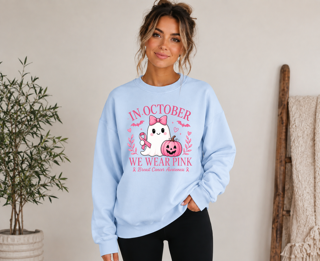 In October We Wear Pink Gildan Sweatshirt | Breast Cancer Awareness Halloween Ghost Crewneck | Cute Pink October Sweatshirt