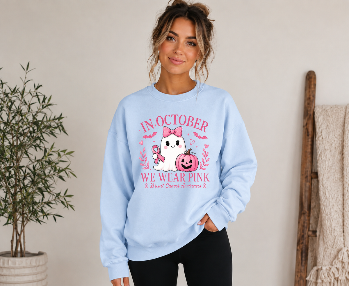 In October We Wear Pink Gildan Sweatshirt | Breast Cancer Awareness Halloween Ghost Crewneck | Cute Pink October Sweatshirt