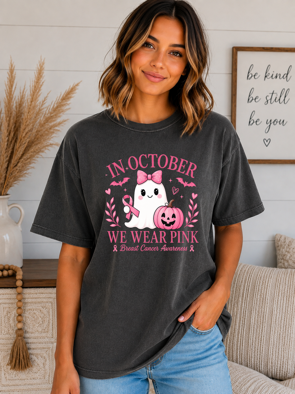 In October We Wear Pink Comfort Colors T-Shirt | Breast Cancer Awareness Ghost Tee | Cute Halloween Pink Ribbon Shirt