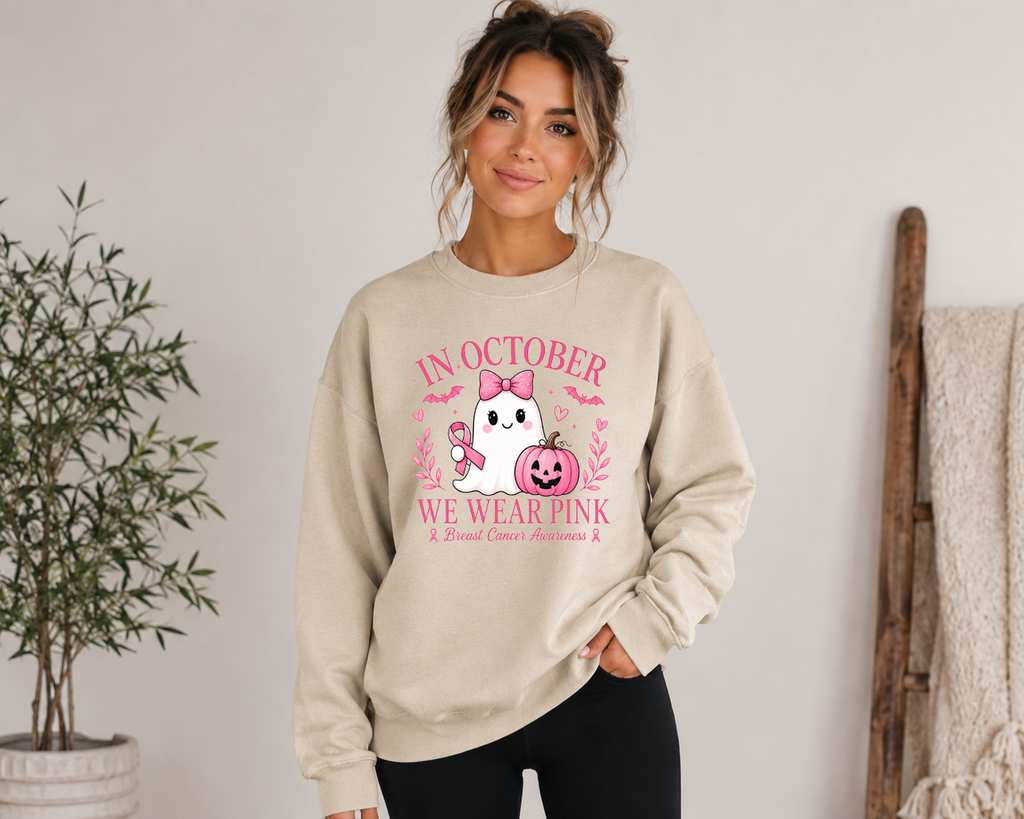 In October We Wear Pink Gildan Sweatshirt | Breast Cancer Awareness Halloween Ghost Crewneck | Cute Pink October Sweatshirt