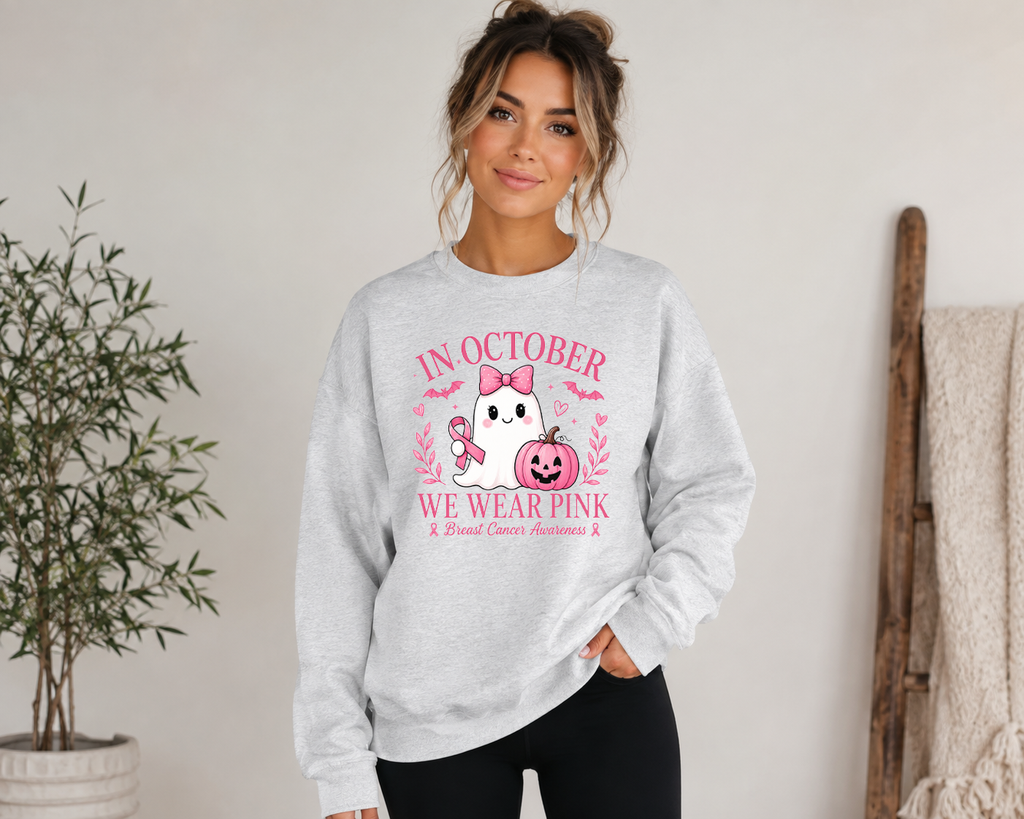 In October We Wear Pink Gildan Sweatshirt | Breast Cancer Awareness Halloween Ghost Crewneck | Cute Pink October Sweatshirt