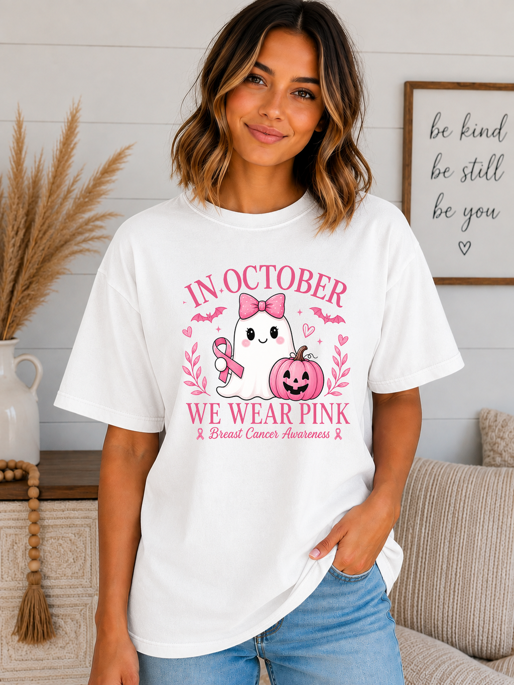 In October We Wear Pink Comfort Colors T-Shirt | Breast Cancer Awareness Ghost Tee | Cute Halloween Pink Ribbon Shirt