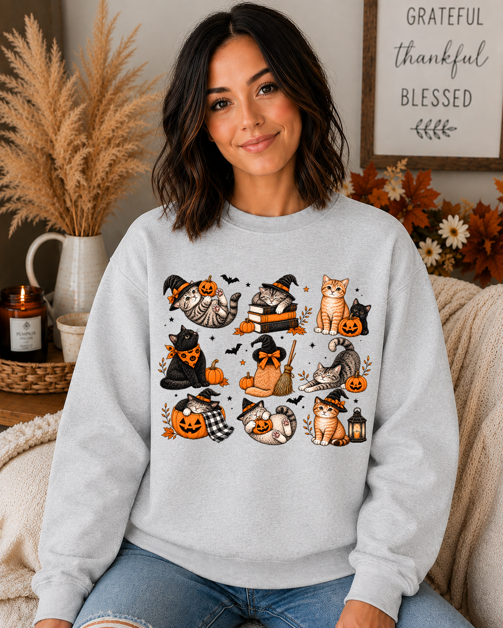 Spooky Halloween Cats Gildan Sweatshirt – Cute Witchy Cats, Pumpkins & Fall Graphic Crewneck