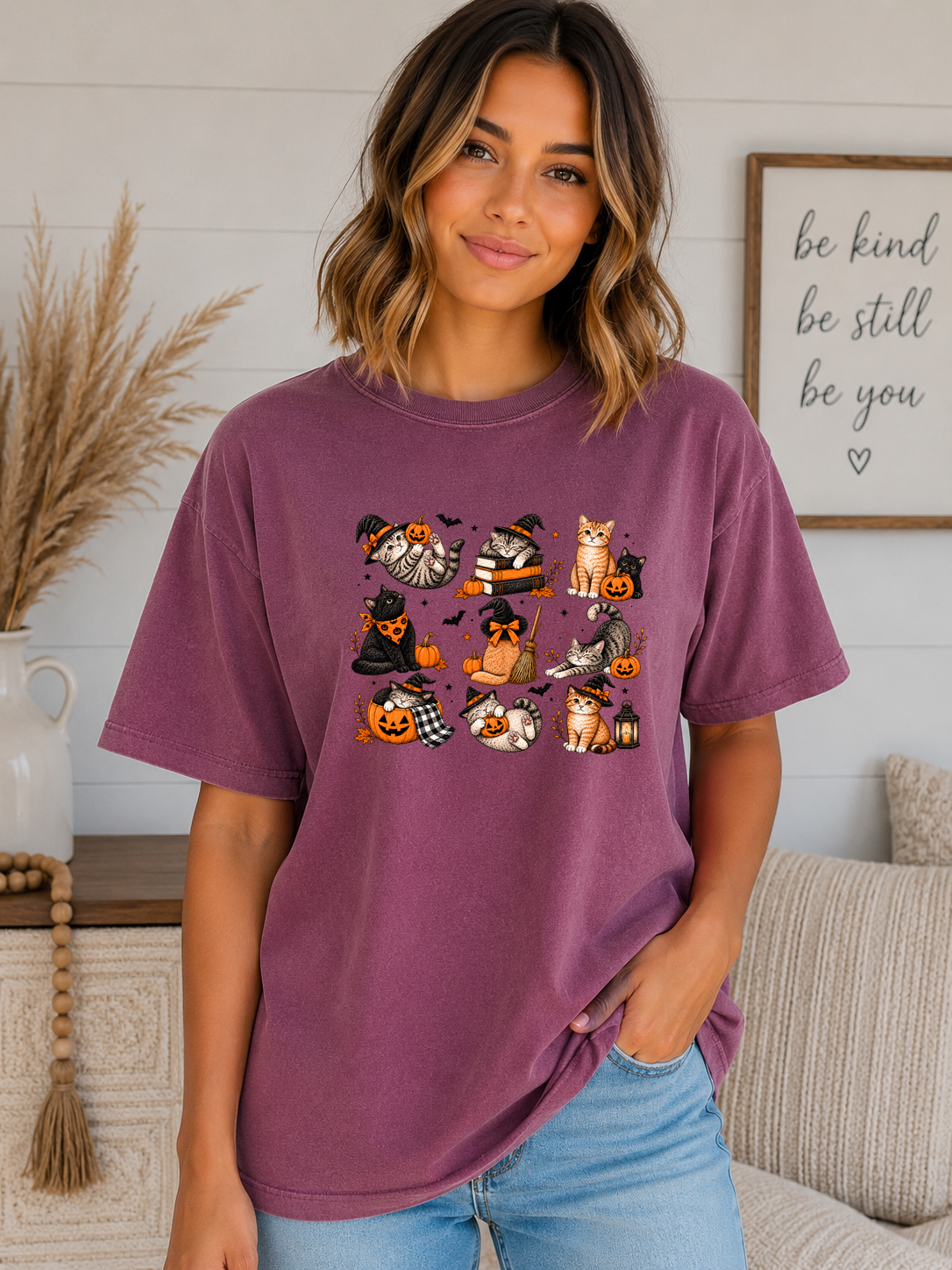 Cute Halloween Cats Comfort Colors T-Shirt – Spooky Witchy Cats, Pumpkins & Fall Graphic Tee