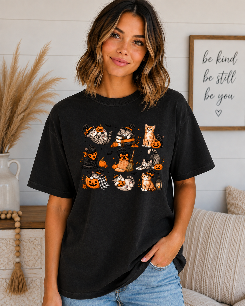 Cute Halloween Cats Comfort Colors T-Shirt – Spooky Witchy Cats, Pumpkins & Fall Graphic Tee