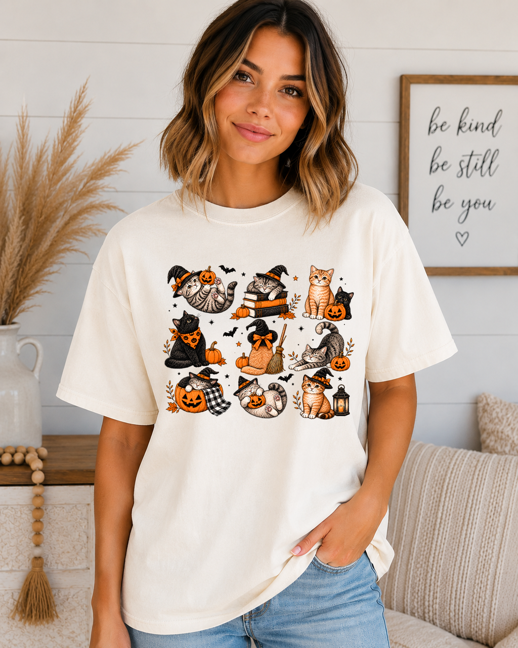 Cute Halloween Cats Comfort Colors T-Shirt – Spooky Witchy Cats, Pumpkins & Fall Graphic Tee