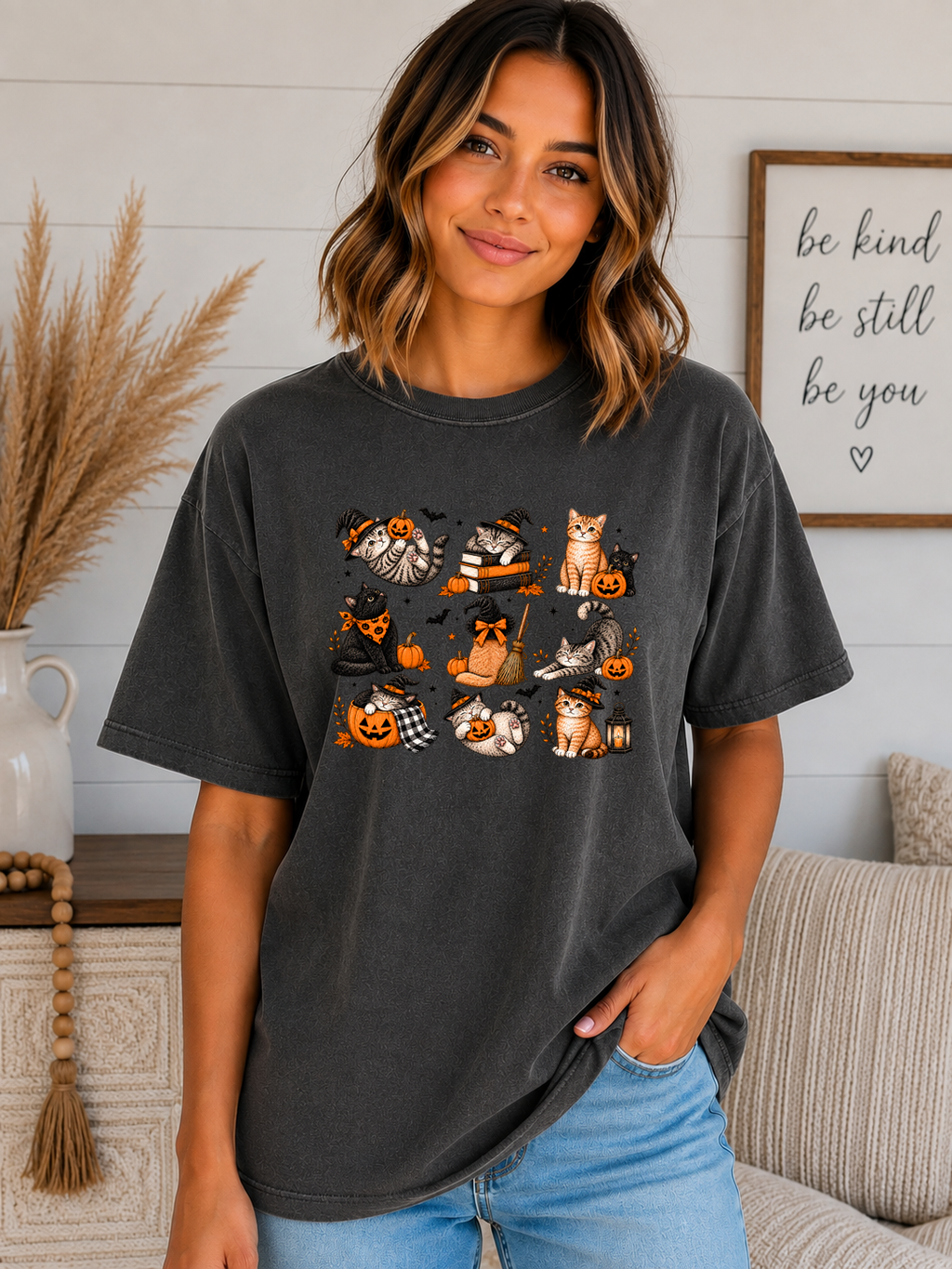 Cute Halloween Cats Comfort Colors T-Shirt – Spooky Witchy Cats, Pumpkins & Fall Graphic Tee
