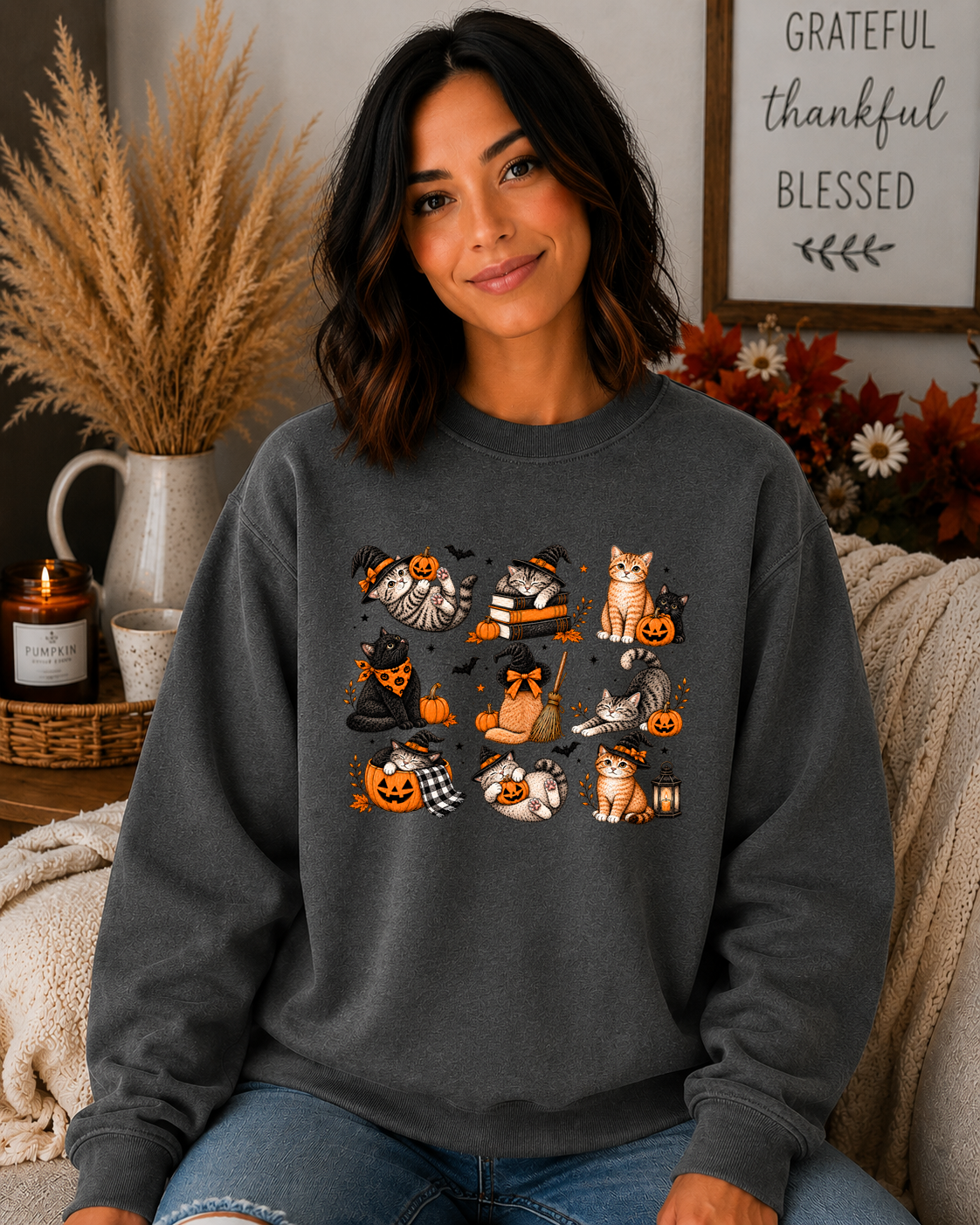 Spooky Halloween Cats Gildan Sweatshirt – Cute Witchy Cats, Pumpkins & Fall Graphic Crewneck