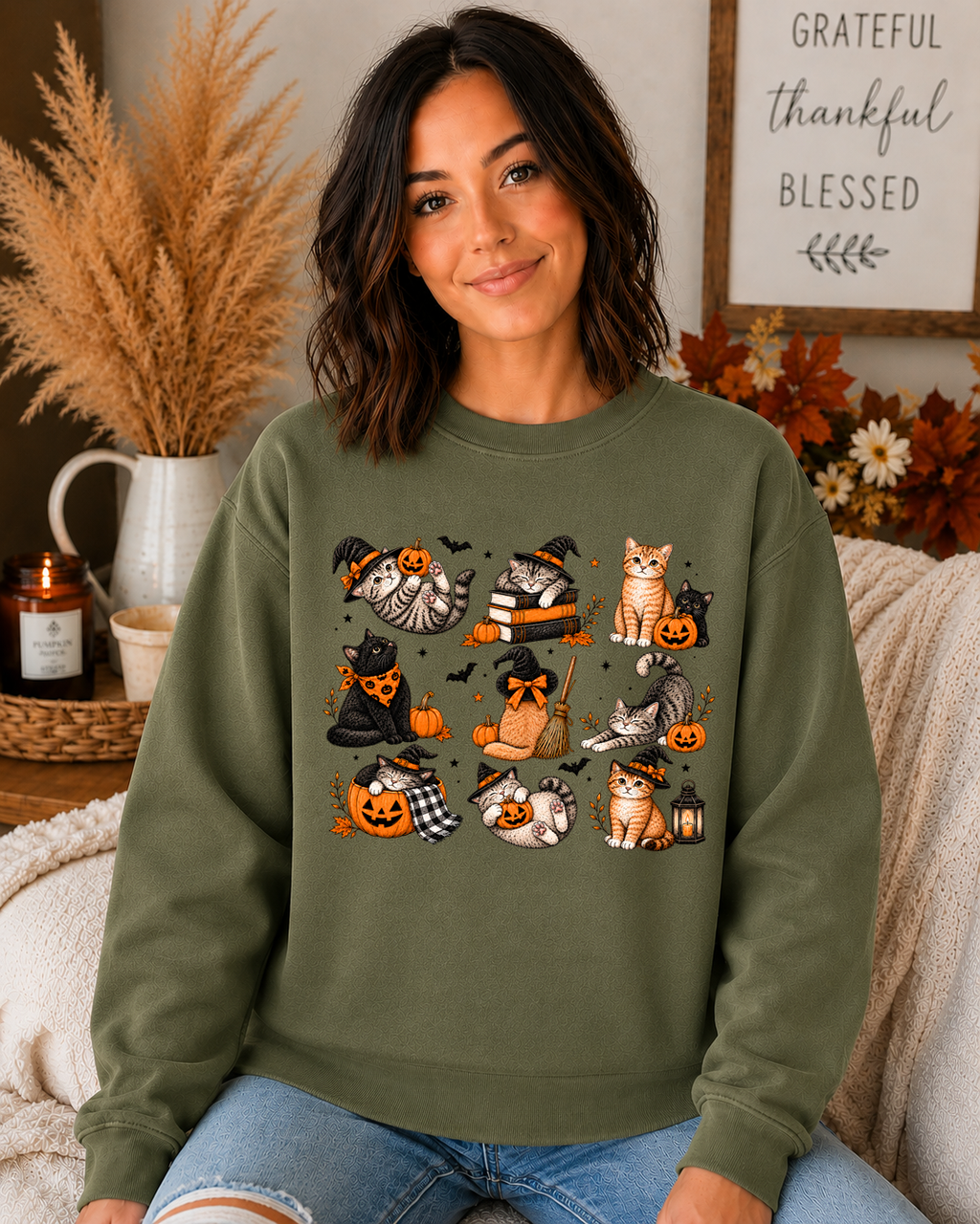 Spooky Halloween Cats Gildan Sweatshirt – Cute Witchy Cats, Pumpkins & Fall Graphic Crewneck