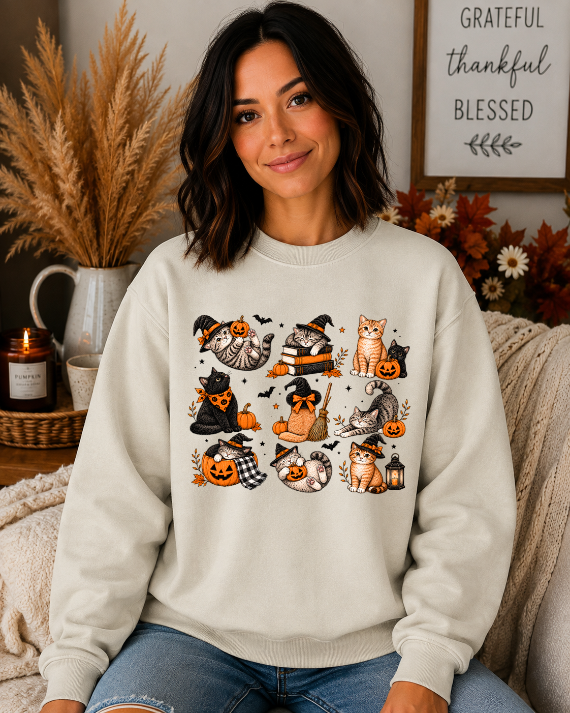 Spooky Halloween Cats Gildan Sweatshirt – Cute Witchy Cats, Pumpkins & Fall Graphic Crewneck