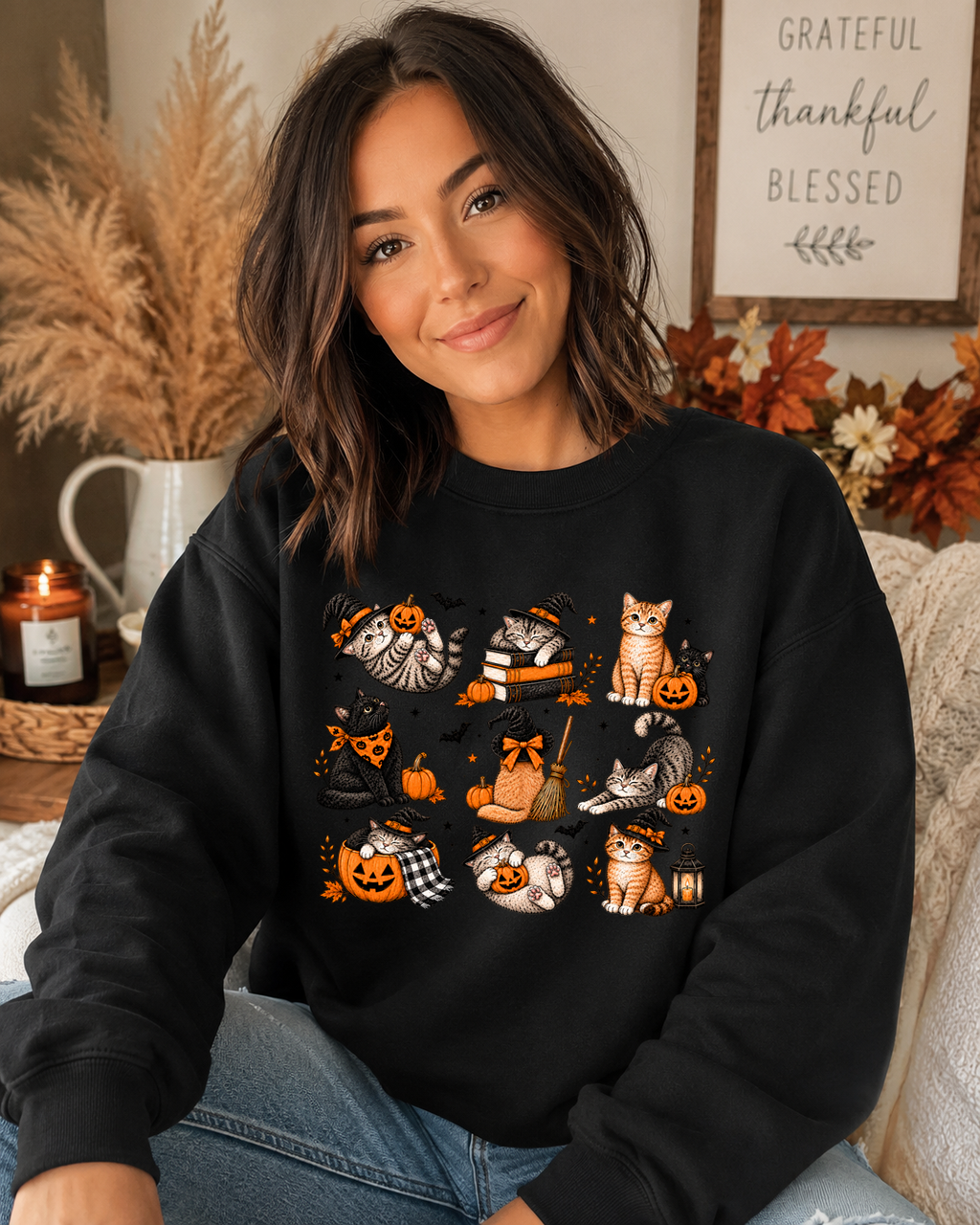 Spooky Halloween Cats Gildan Sweatshirt – Cute Witchy Cats, Pumpkins & Fall Graphic Crewneck