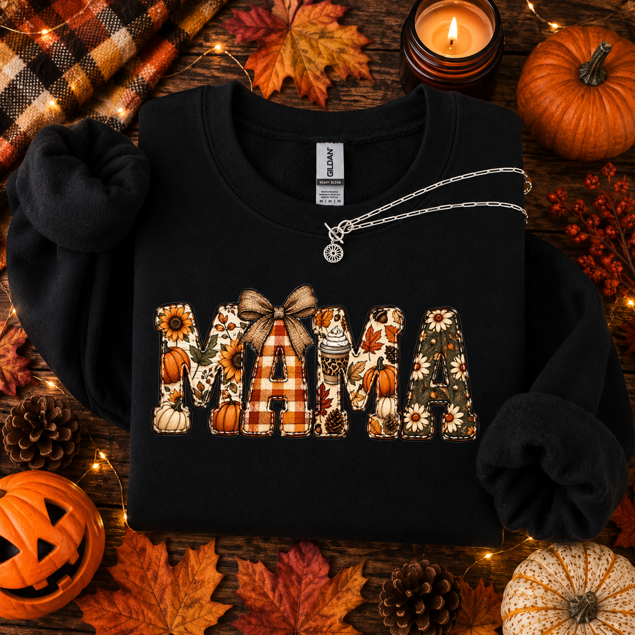 Mama, Fall, Pumpkin, Plaid, Bow, Sunflower, Gildan Sweatshirt