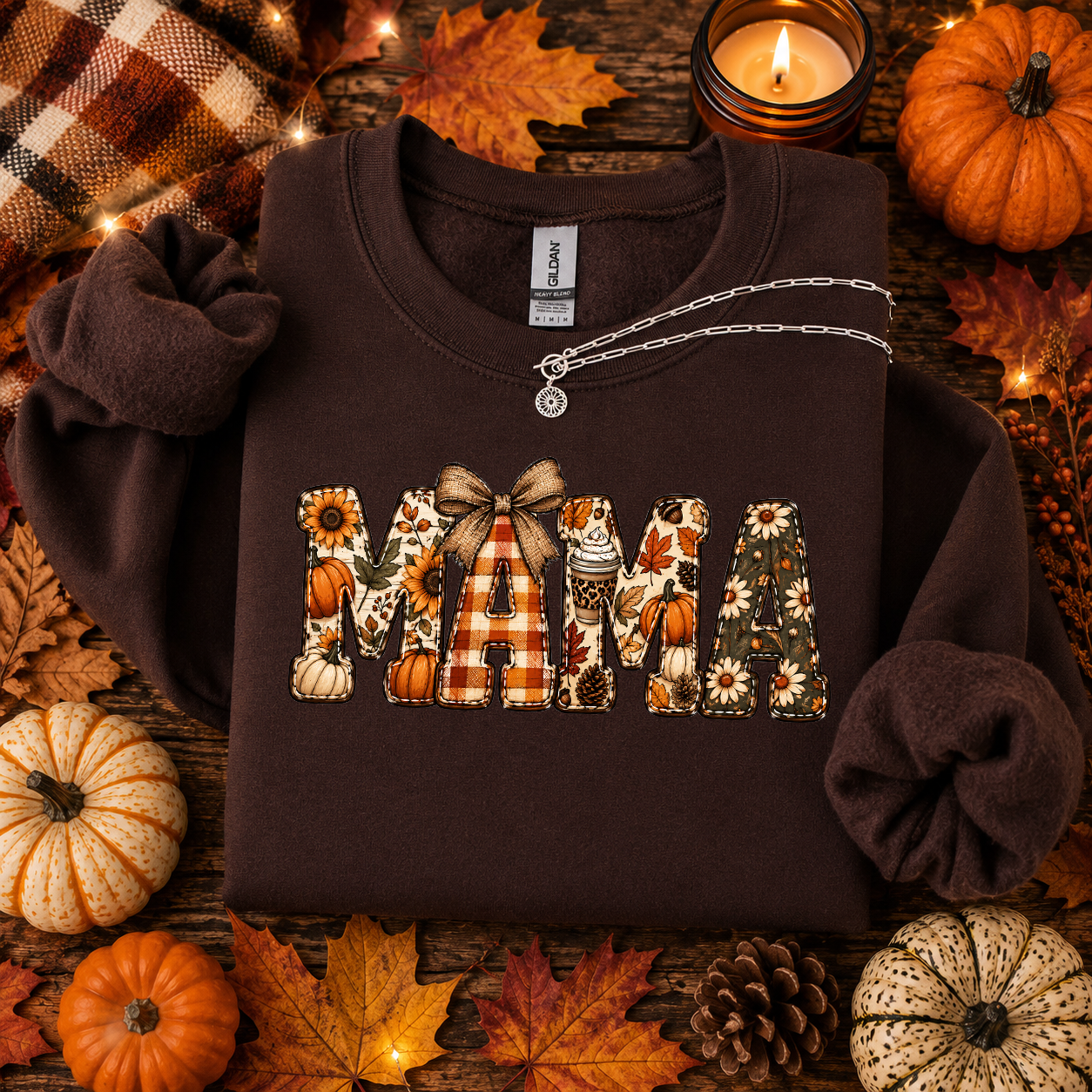 Mama, Fall, Pumpkin, Plaid, Bow, Sunflower, Gildan Sweatshirt
