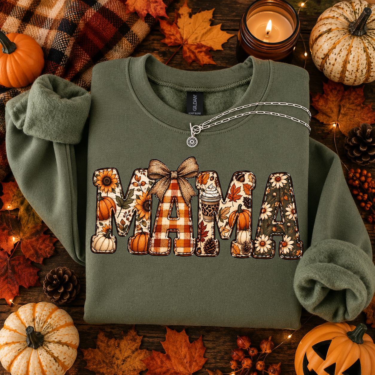 Mama, Fall, Pumpkin, Plaid, Bow, Sunflower, Gildan Sweatshirt