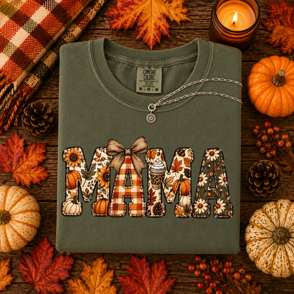 Mama, Fall, Pumpkins, Sunflower, Plaid, Comfort Color Tshirt