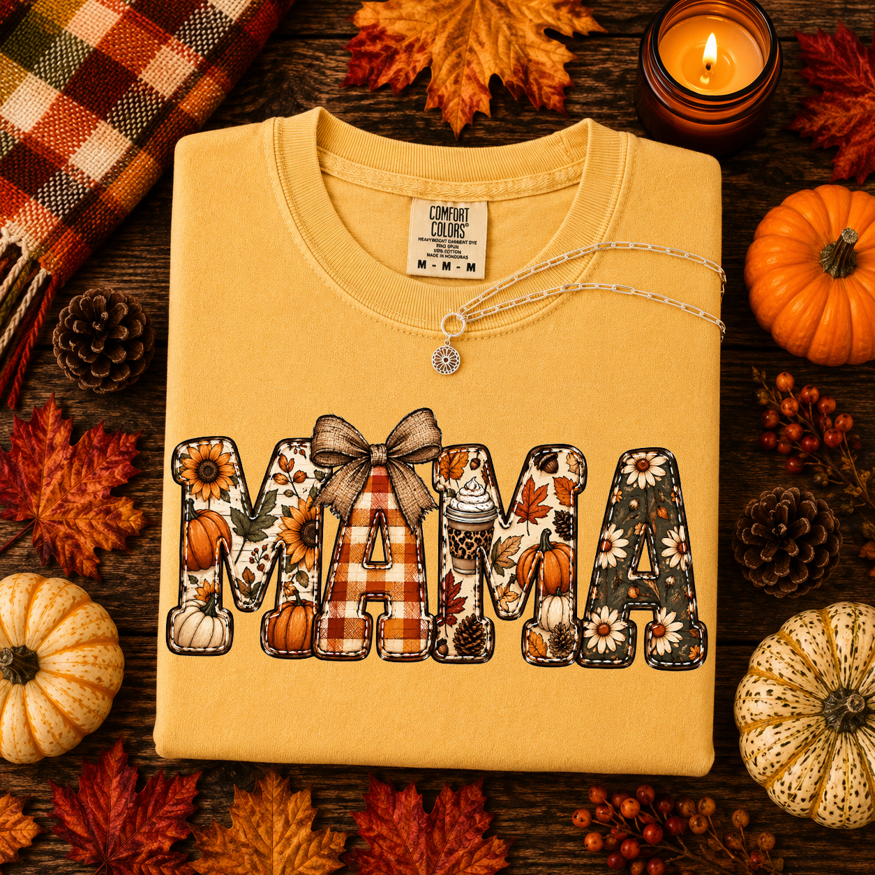 Mama, Fall, Pumpkins, Sunflower, Plaid, Comfort Color Tshirt