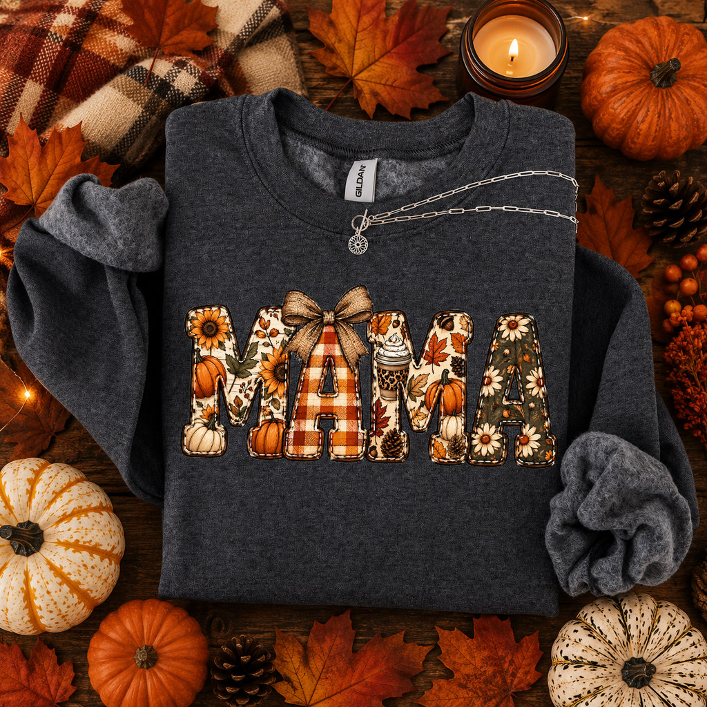 Mama, Fall, Pumpkin, Plaid, Bow, Sunflower, Gildan Sweatshirt