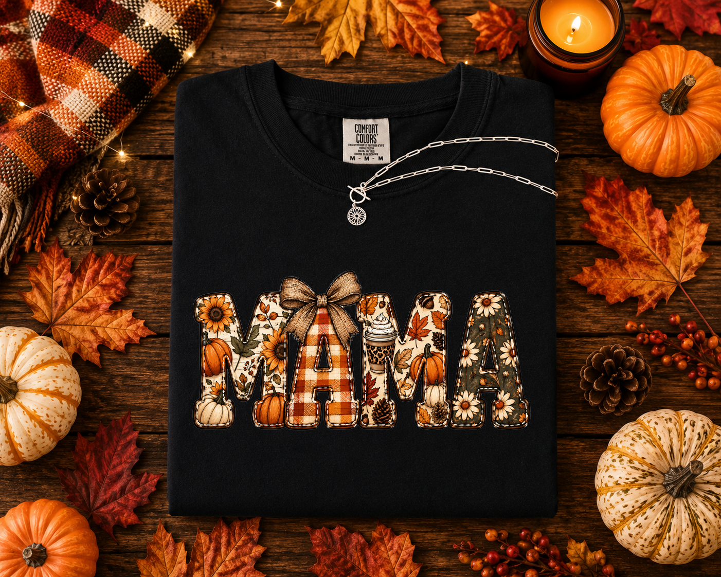 Mama, Fall, Pumpkins, Sunflower, Plaid, Comfort Color Tshirt