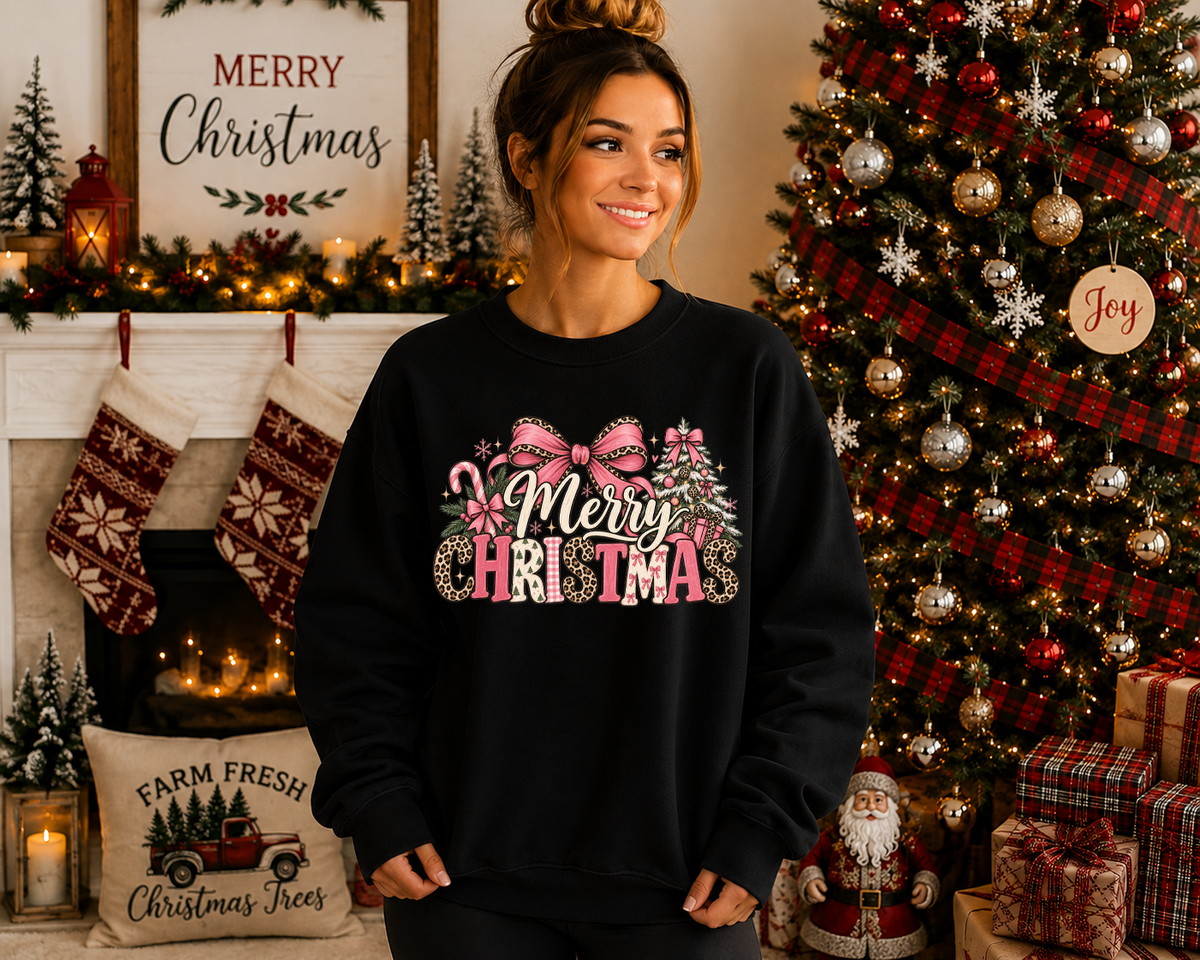 Merry Christmas Gildan Sweatshirt | Pink Bow & Leopard Print Christmas Crewneck | Cute Girly Holiday Graphic Sweatshirt