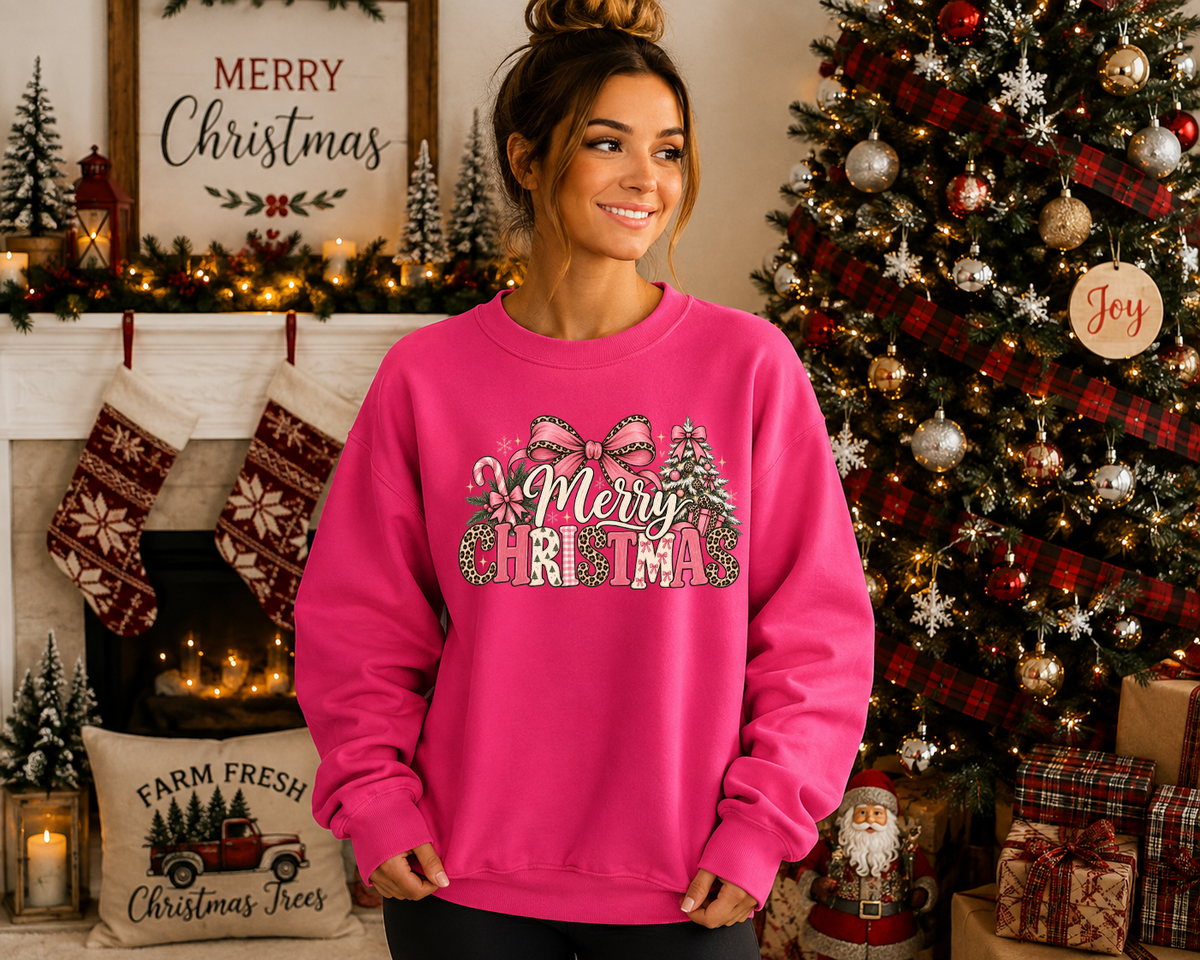 Merry Christmas Gildan Sweatshirt | Pink Bow & Leopard Print Christmas Crewneck | Cute Girly Holiday Graphic Sweatshirt