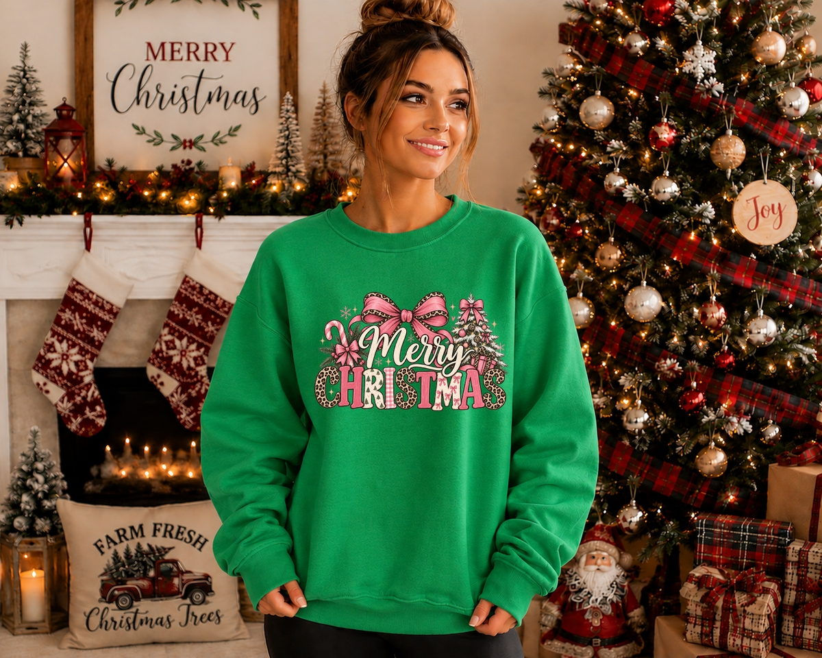 Merry Christmas Gildan Sweatshirt | Pink Bow & Leopard Print Christmas Crewneck | Cute Girly Holiday Graphic Sweatshirt