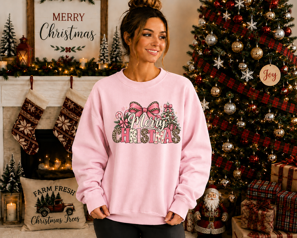 Merry Christmas Gildan Sweatshirt | Pink Bow & Leopard Print Christmas Crewneck | Cute Girly Holiday Graphic Sweatshirt