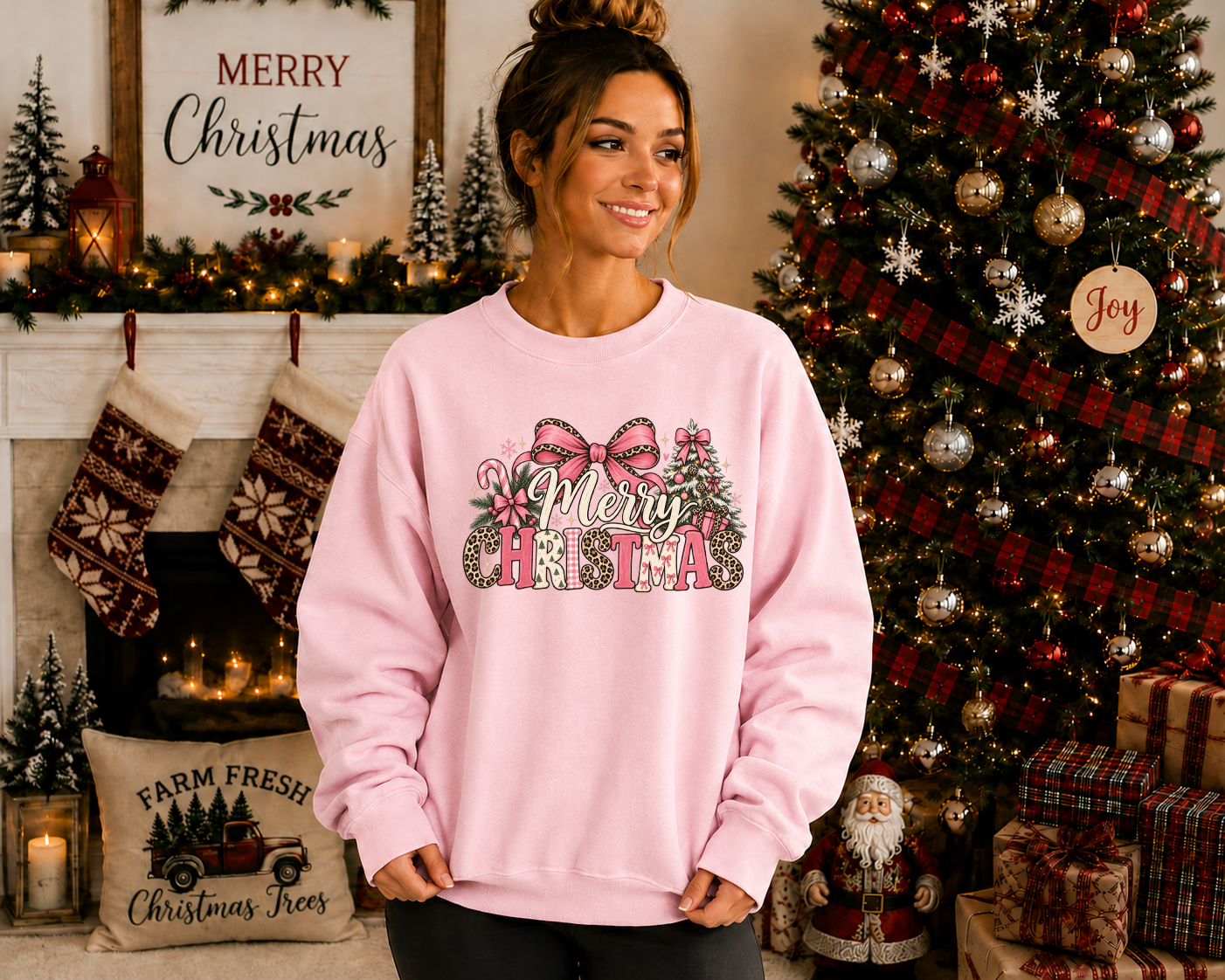 Merry Christmas Gildan Sweatshirt | Pink Bow & Leopard Print Christmas Crewneck | Cute Girly Holiday Graphic Sweatshirt