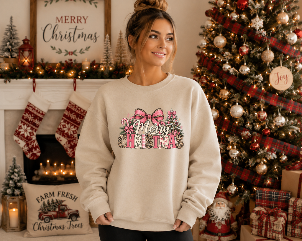 Merry Christmas Gildan Sweatshirt | Pink Bow & Leopard Print Christmas Crewneck | Cute Girly Holiday Graphic Sweatshirt