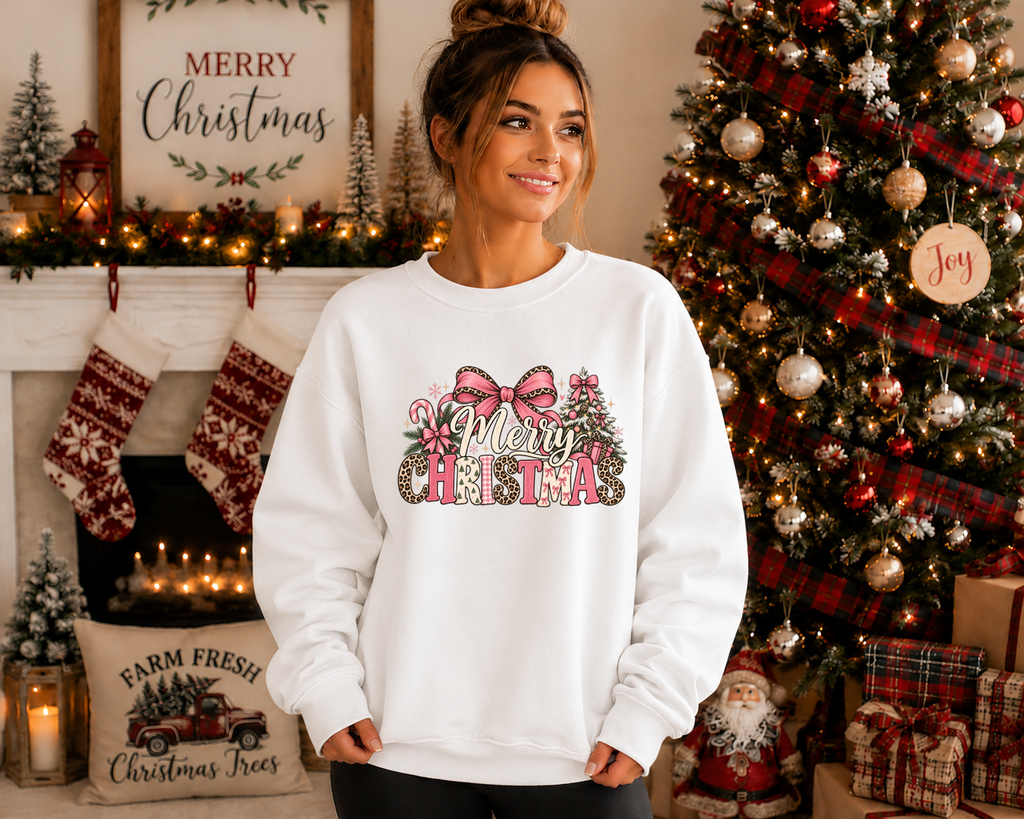 Merry Christmas Gildan Sweatshirt | Pink Bow & Leopard Print Christmas Crewneck | Cute Girly Holiday Graphic Sweatshirt