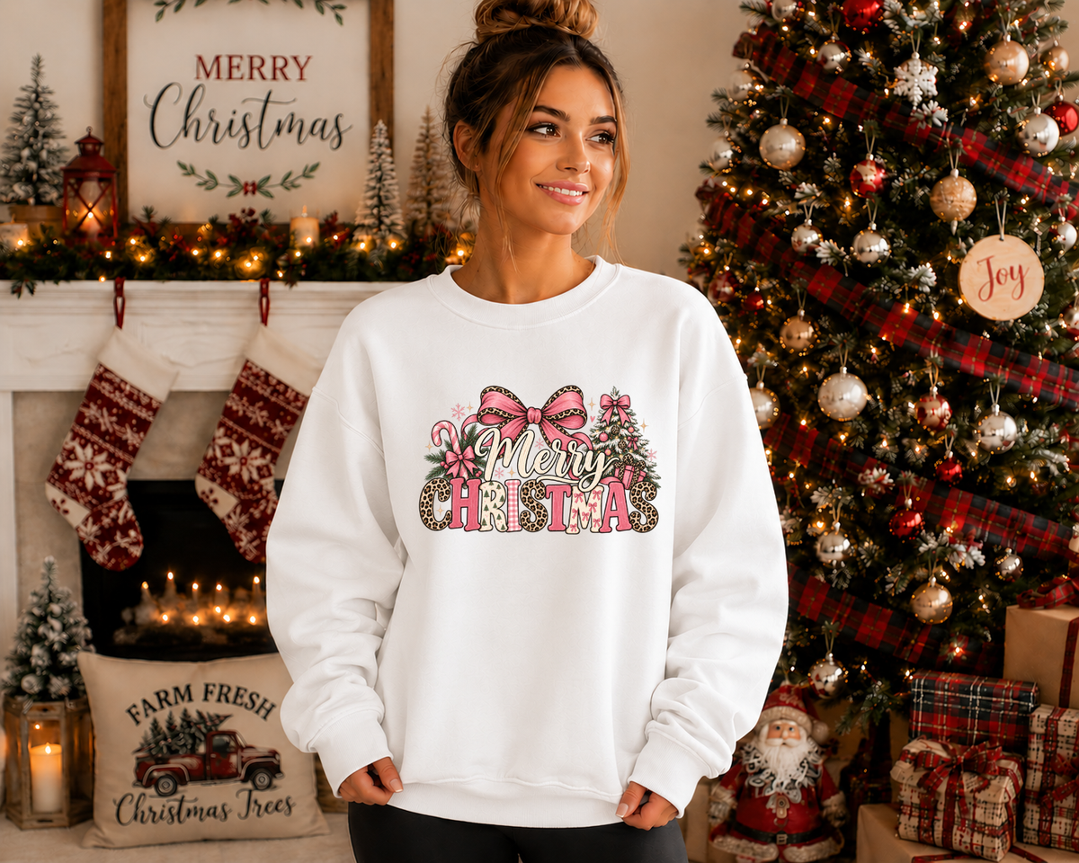 Merry Christmas Gildan Sweatshirt | Pink Bow & Leopard Print Christmas Crewneck | Cute Girly Holiday Graphic Sweatshirt