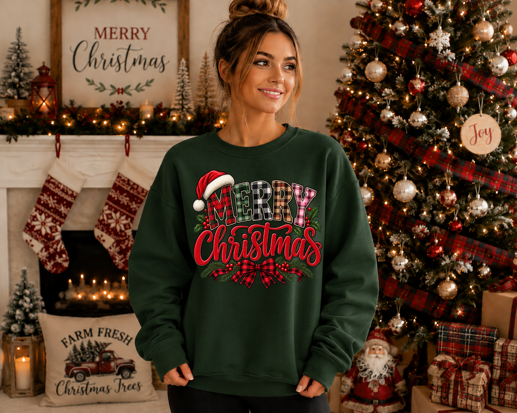 Merry Christmas Gildan Sweatshirt | Plaid Christmas Graphic Crewneck | Santa Hat & Buffalo Plaid Holiday Sweatshirt