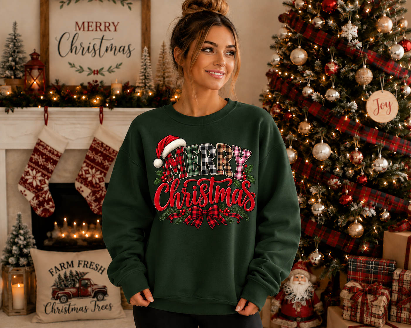 Merry Christmas Gildan Sweatshirt | Plaid Christmas Graphic Crewneck | Santa Hat & Buffalo Plaid Holiday Sweatshirt
