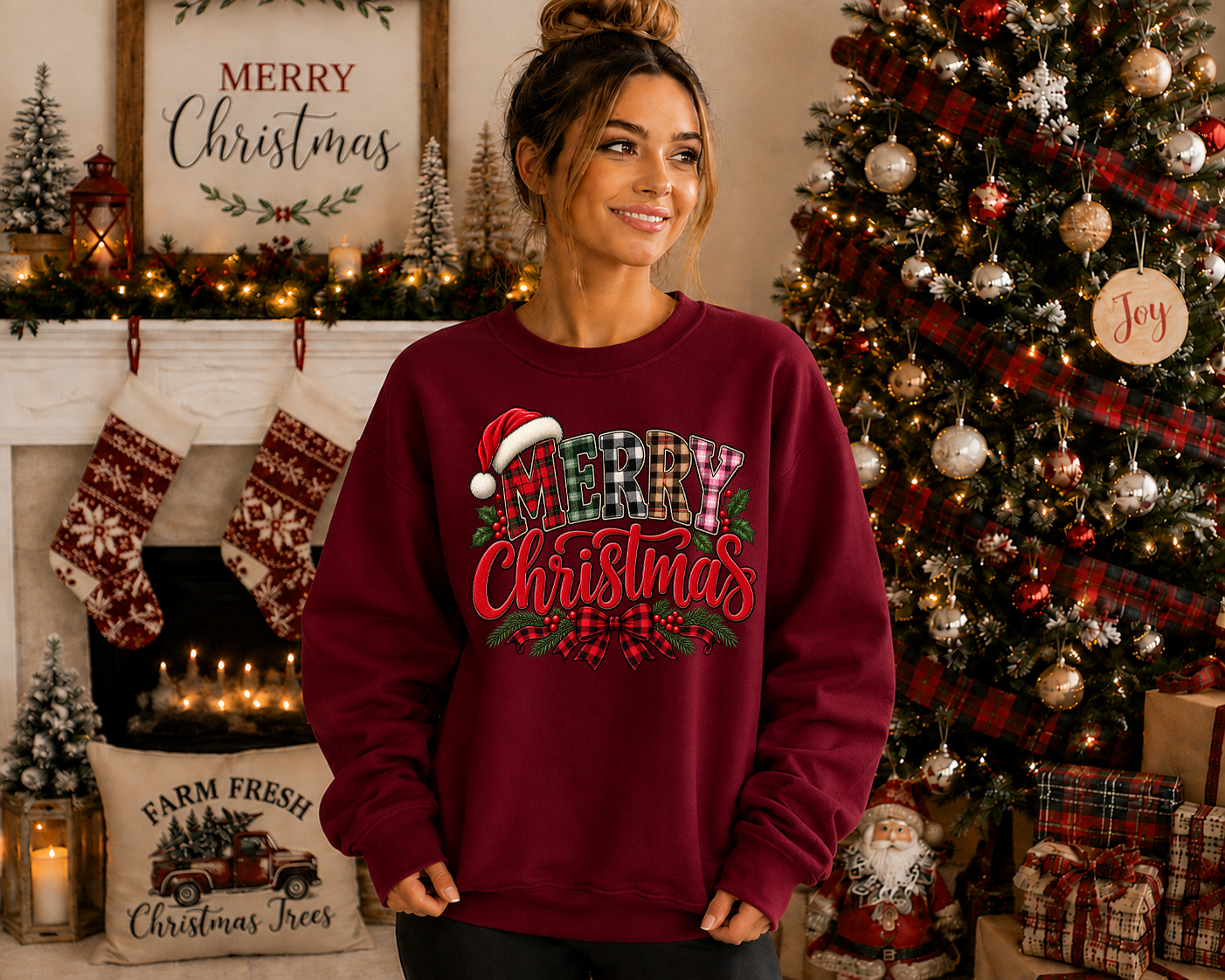 Merry Christmas Gildan Sweatshirt | Plaid Christmas Graphic Crewneck | Santa Hat & Buffalo Plaid Holiday Sweatshirt