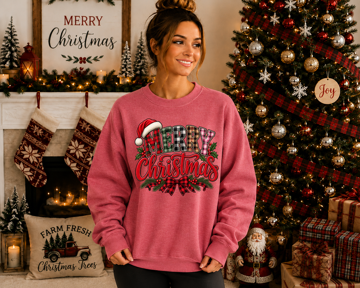 Merry Christmas Gildan Sweatshirt | Plaid Christmas Graphic Crewneck | Santa Hat & Buffalo Plaid Holiday Sweatshirt