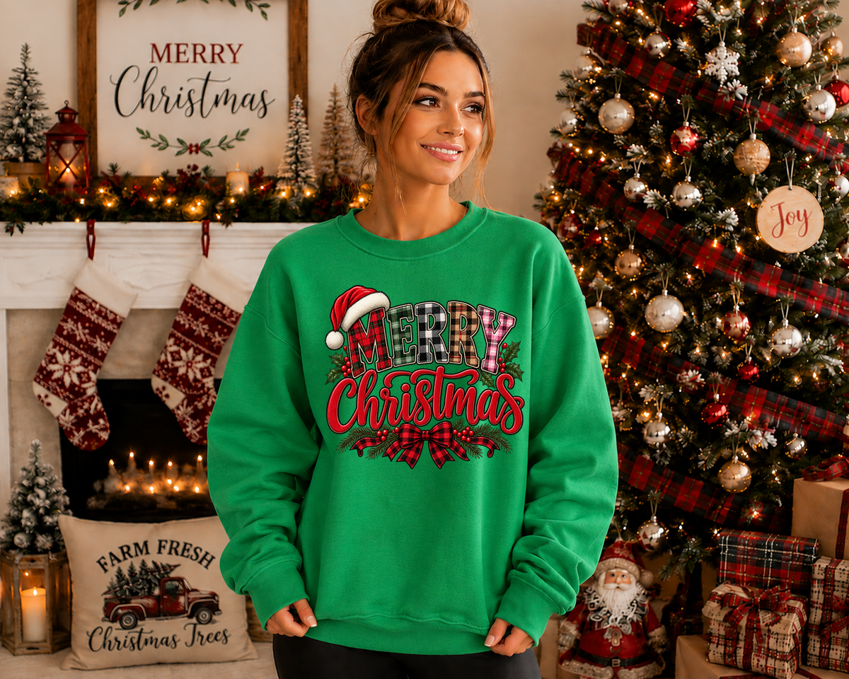 Merry Christmas Gildan Sweatshirt | Plaid Christmas Graphic Crewneck | Santa Hat & Buffalo Plaid Holiday Sweatshirt