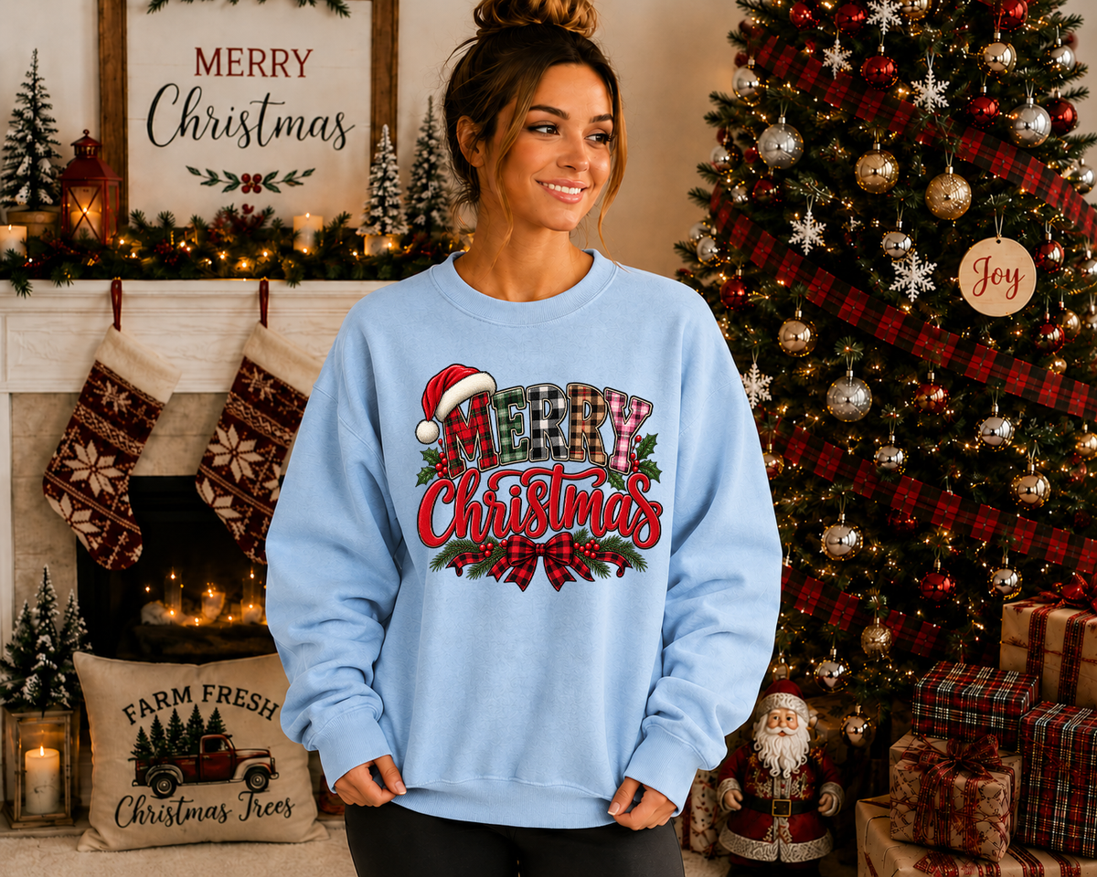 Merry Christmas Gildan Sweatshirt | Plaid Christmas Graphic Crewneck | Santa Hat & Buffalo Plaid Holiday Sweatshirt
