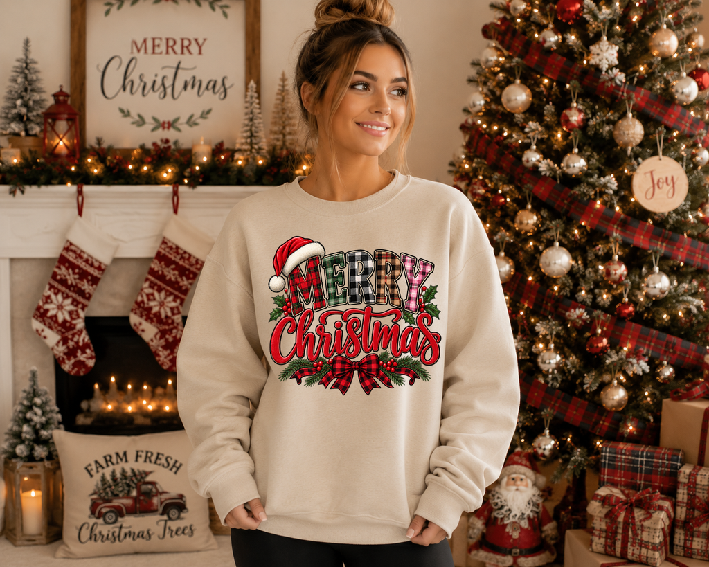 Merry Christmas Gildan Sweatshirt | Plaid Christmas Graphic Crewneck | Santa Hat & Buffalo Plaid Holiday Sweatshirt