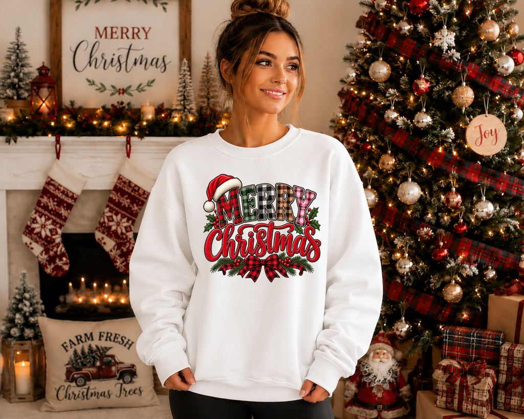 Merry Christmas Gildan Sweatshirt | Plaid Christmas Graphic Crewneck | Santa Hat & Buffalo Plaid Holiday Sweatshirt
