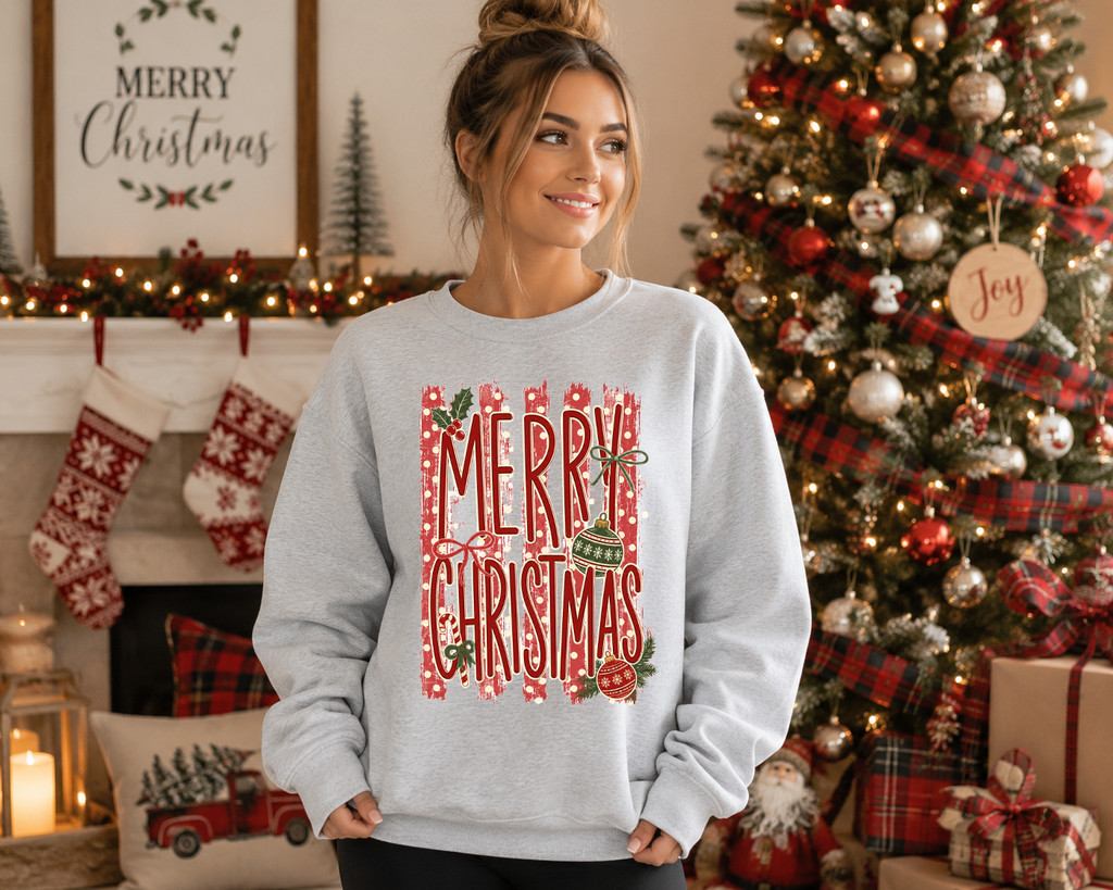 Merry Christmas Gildan Sweatshirt | Vintage Christmas Ornament Graphic Crewneck | Festive Red & Green Holiday Sweatshirt