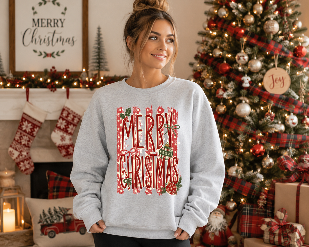 Merry Christmas Gildan Sweatshirt | Vintage Christmas Ornament Graphic Crewneck | Festive Red & Green Holiday Sweatshirt