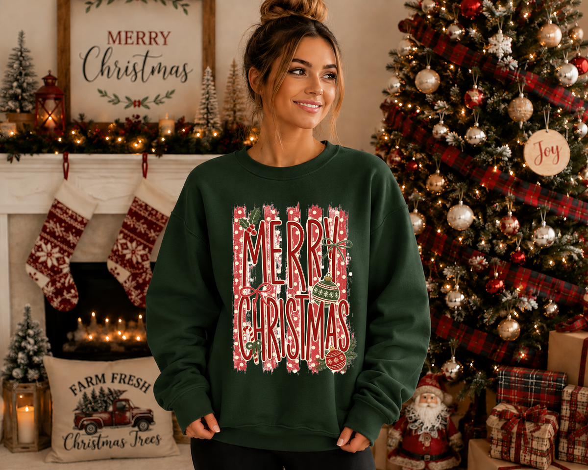 Merry Christmas Gildan Sweatshirt | Vintage Christmas Ornament Graphic Crewneck | Festive Red & Green Holiday Sweatshirt